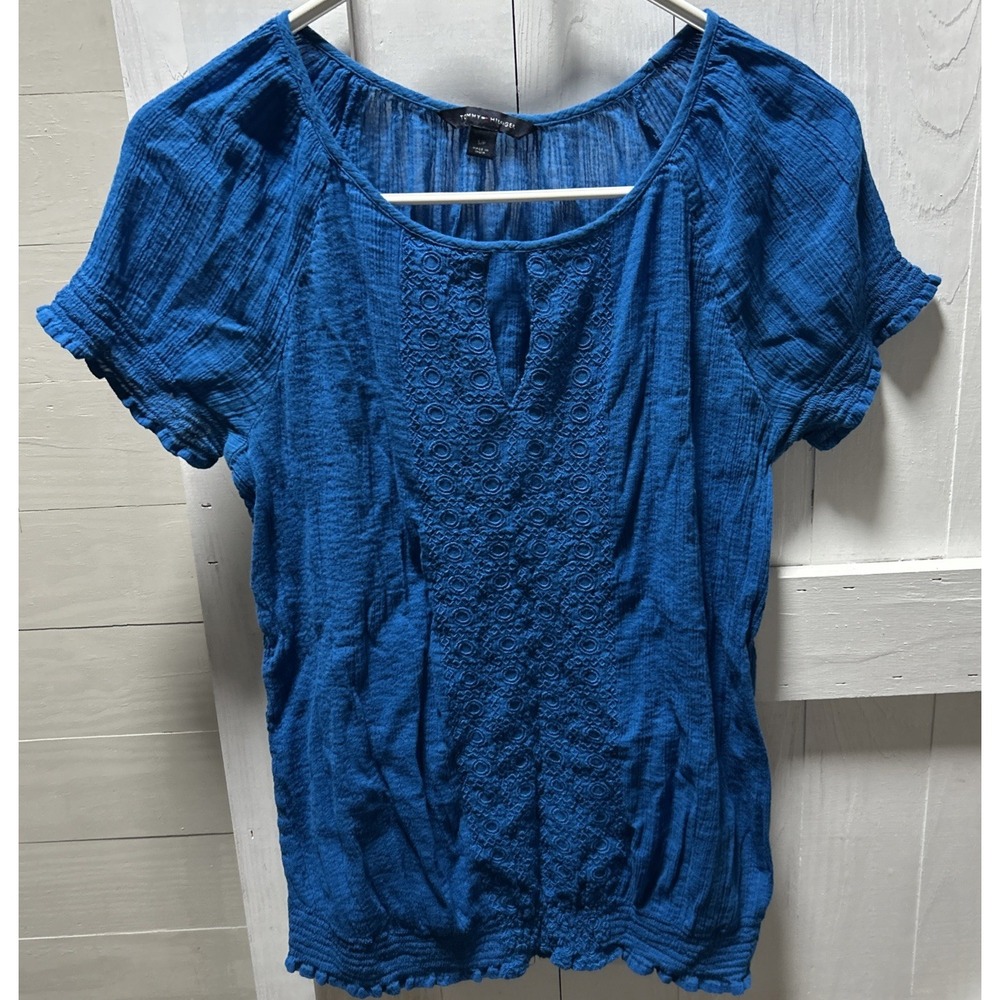 Tommy Hilfiger Women's Size S  Gauze Top Royal Blue Short Sleeve Elastic Waist